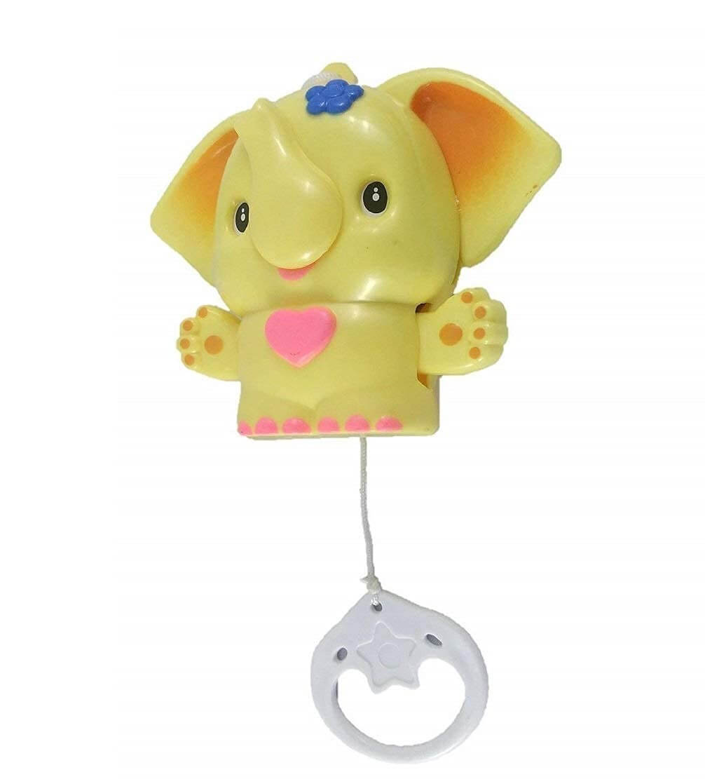 Cute yellow elephant musical toy designed for babies, easily hangable to provide soothing sounds and engaging entertainment. Ideal for newborns and infants, stimulating senses and encouraging playtime.www.usmile.com